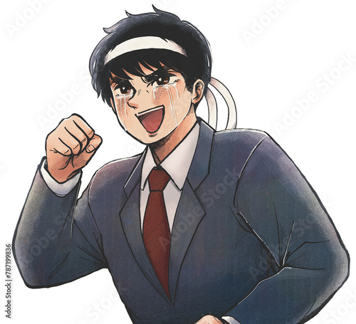 ハチマキを巻いたサラリーマンが泣く、昭和風劇画イラスト