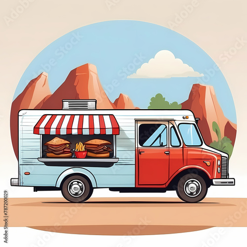 Food trucks cartoon cars and vans for street food selling. Cafe restaurant on wheels, transportation with fastfood chalkboard menu, pizza, ice cream, pop corn and coffee or juice trucks photo