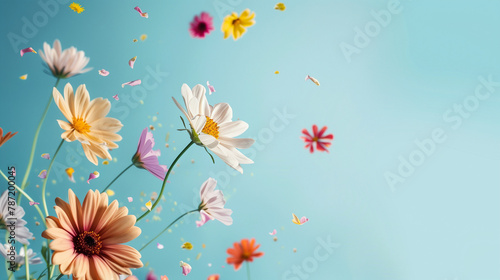 Colorful bouquet of wildflowers floating in the air on light blue background  with petals flying away. Spring concept banner for website or presentation 