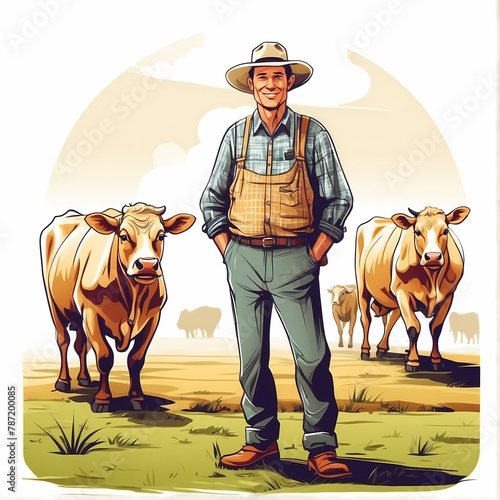 Farming and agriculture concept. Smiling male farmer stand in front of animals at farm after work and harvest. Cartoon flat illustration