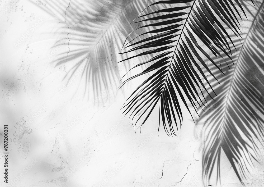 Obraz premium Abstract shadows of palm leaves create captivating patterns on a white concrete wall background, presented in a flat lay composition. This image embodies a summer concept, offering ample copy space 