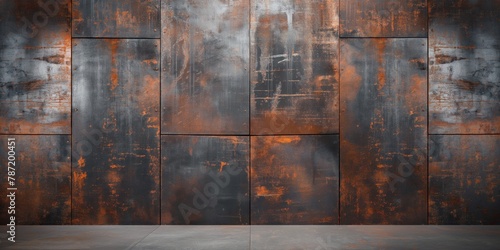 This vivid image captures the essence of decay on a metal wall, featuring a rustic and weathered texture with orange rust patches photo