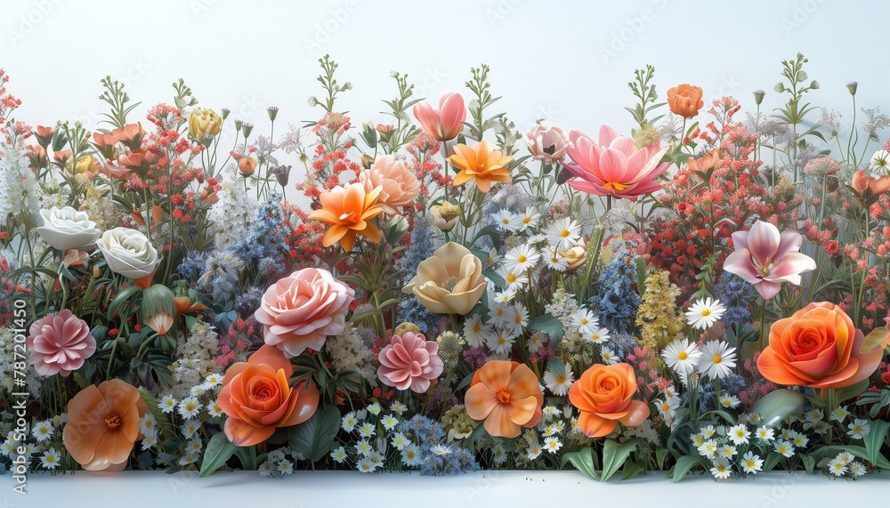 3D images of a field of bright flowers of various types, soft pastel colors. generative ai