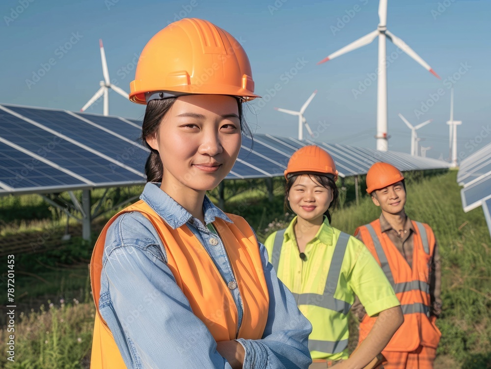 Female engineer standing next to the solar panel Female engineer standing next to the solar panel