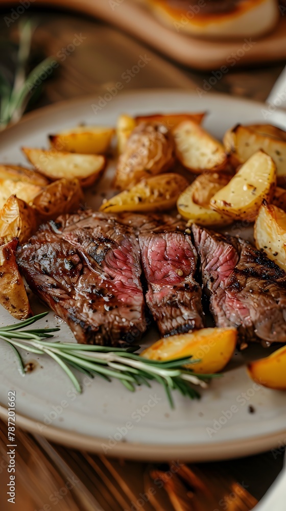 Juicy beef steak with rosemary and crispy roasted potatoes served on a white plate, close-up shot