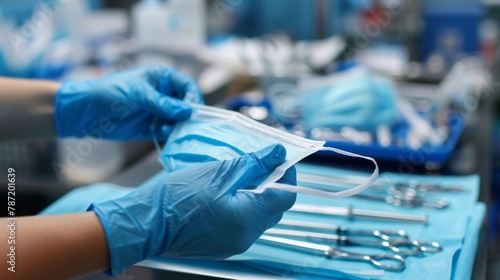 A pair of hands clad in blue latex gloves reaches out to hand a surgical mask to a colleague. In the background medical tools are neatly organized on a tray covered in a sterile cloth. .