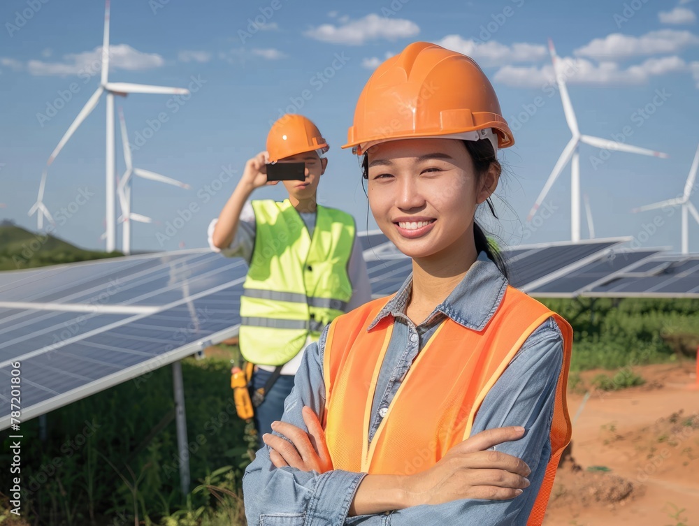 Female engineer standing next to the solar panel Female engineer standing next to the solar panel