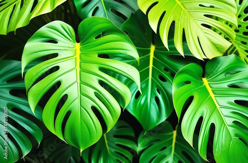 Tropical green bright leaves for background.
