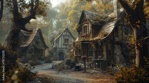 friendly goblin make a sword in blacksmith, a quaint fantastical village in the forest photo