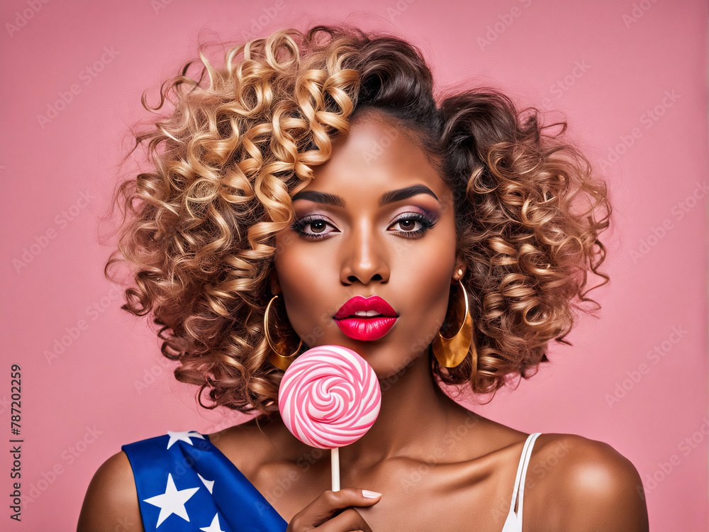 Beautiful young woman with a lollipop. Portrait, lush hairstyle, curly hair, bright plump red lips. There are large earrings in the ears. American style. US Independence Day card - obrazy, fototapety, plakaty 