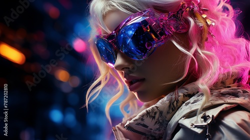 Digital age fashionista  vibrant with electric colors  futuristic touch  close-up ultra HD digital photography