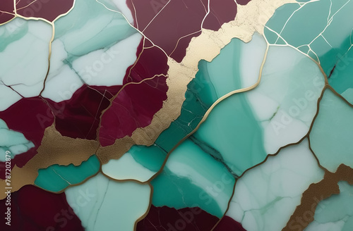 Turquoise-burgundy background with gold cracks and nuggets. Marble background.