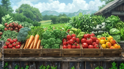 Cartoon podium displaying organic vegetables, lush farm landscape background