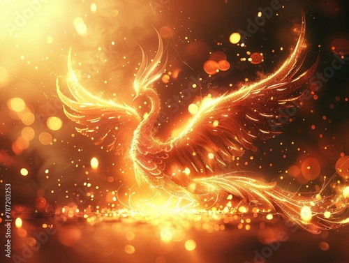 Majestic flaming phoenix firebird in sparkling flames against dark fiery background 