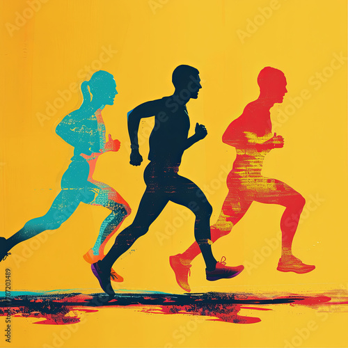 World Running Day. illustration of runners athletes on yellow background
