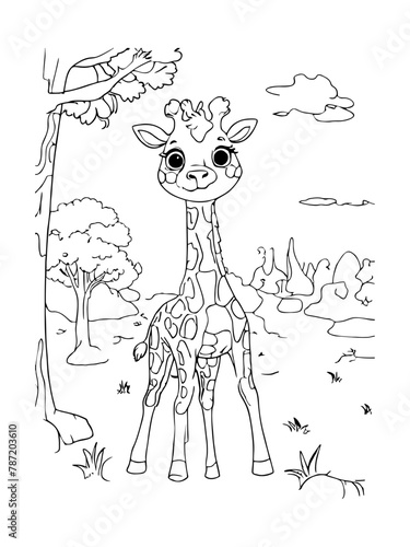 Simple and clean line art of a giraffe in the happy savannah on white background, vector.ai