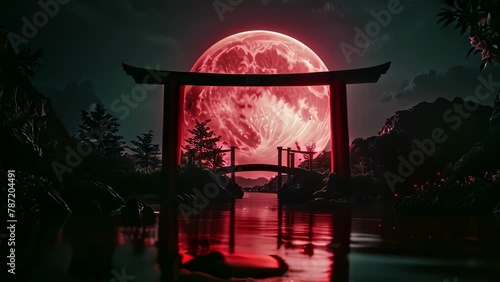 Video animation of  serene night scene featuring a traditional Japanese torii gate silhouetted against a large, red moon