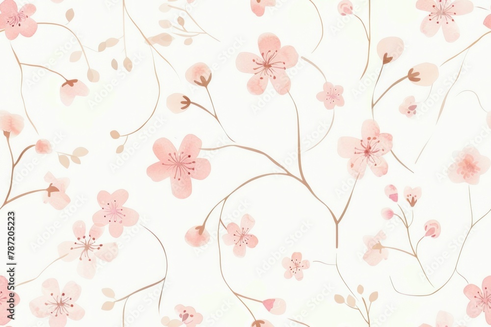 Seamless pattern with delicate pink flowers and leaves on a white background for design and decoration purposes