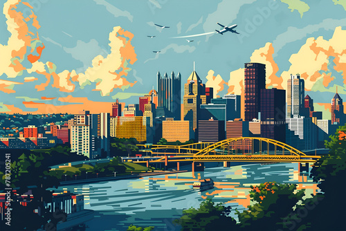 Pittsburgh, United States. Flat vector skyline illustration retro