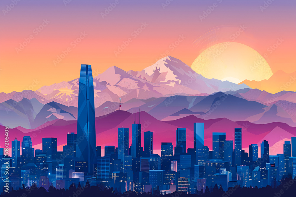 Santiago, Chile. Flat vector skyline illustration of Chile's capital city. - obrazy, fototapety, plakaty 