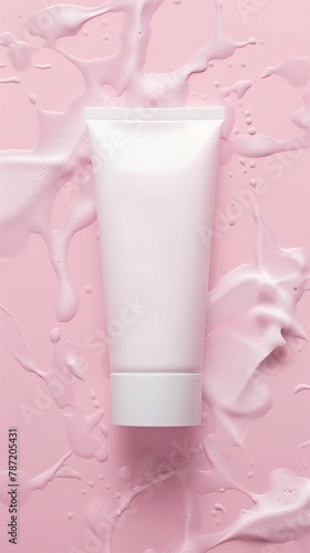 Blank skincare container white tube facial wash package story pink background © Montalumirock