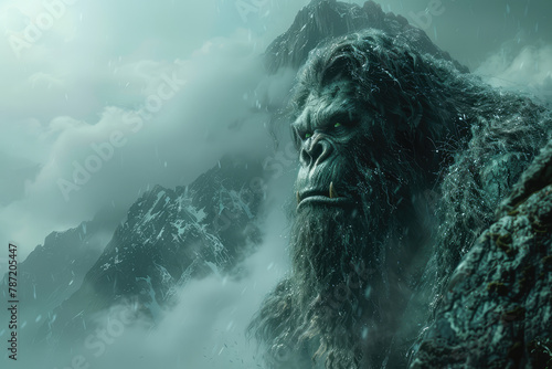 A giant green-skinned goliath with a long beard, emerging from a misty mountain in the style of fantasy art. Created with Ai