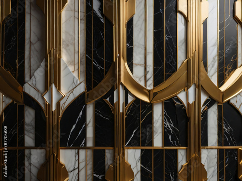 A minimalist wall decoration features a black and white marble panel with shimmering gold veins. Generative AI