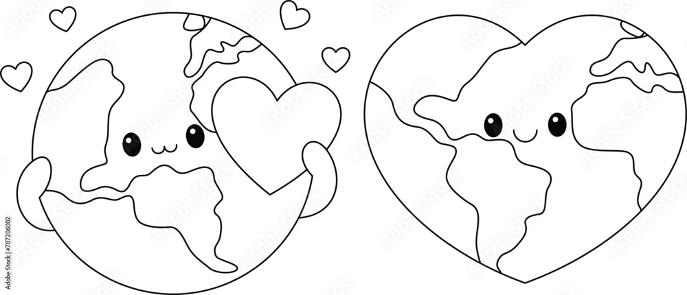 Cute kawaii cute earth with heat. Love Earth. Earth day coloring page. - obrazy, fototapety, plakaty 