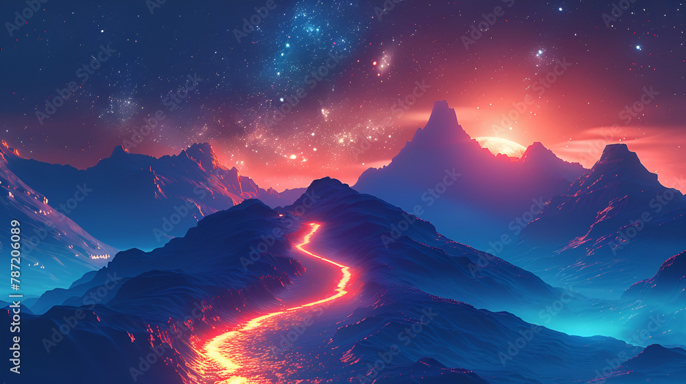 Path to success concept with glowing light path going up on a mountain, generative Ai