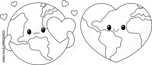 Cute kawaii cute earth with heat. Love Earth. Earth day coloring page.