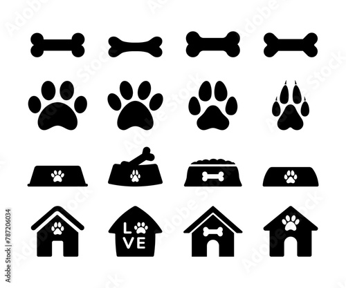 Pet shop icon set. Dogs and puppy icons. Pet accessory icon set.