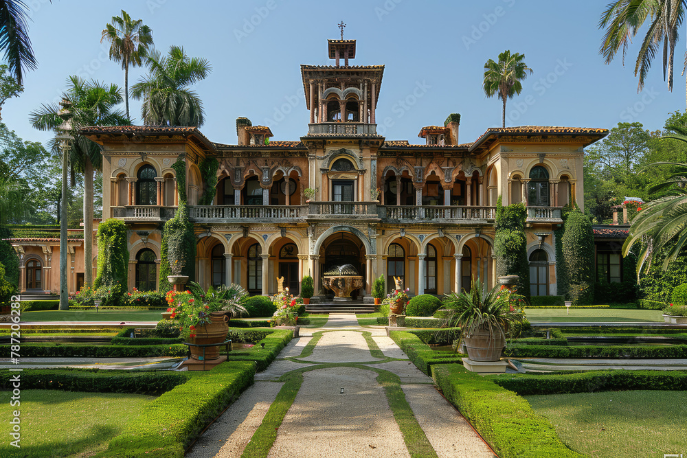 A wide shot of the front view of an old world style mansion in florida with palm trees and tropical plants. Created with Ai