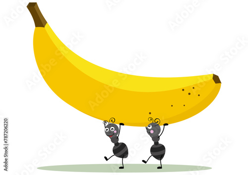 Cute two ants carrying a banana