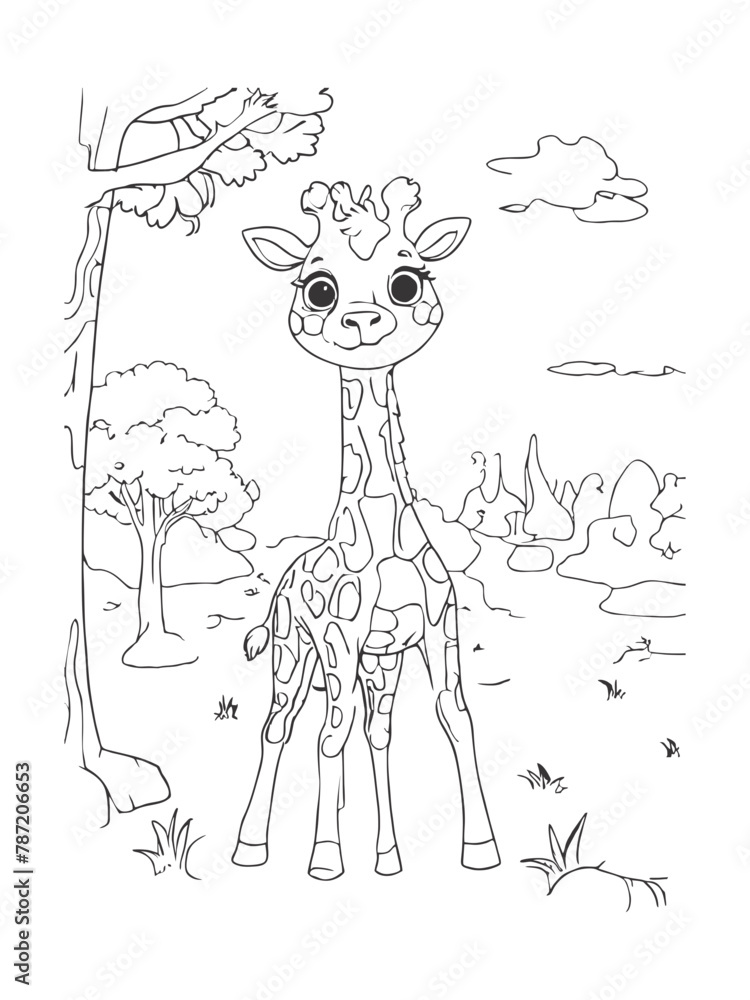 Fototapeta premium Simple and clean line art of a giraffe in the happy savannah on white background, vector