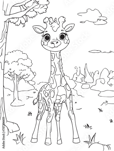Simple and clean line art of a giraffe in the happy savannah on white background, vector