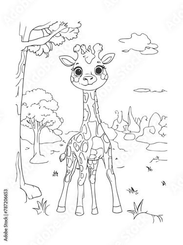 Simple and clean line art of a giraffe in the happy savannah on white background, vector
