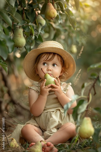 a baby eats pears in a pear orchard.