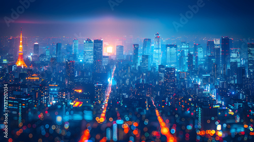 Dazzling urban skyline at night with vibrant lights and towering skyscrapers. City vitality and modern living concept. Design for metropolitan-themed materials, nightlife guides, and urban development