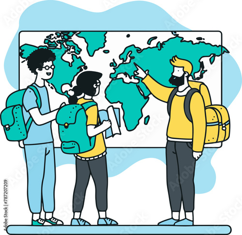 A group of three animated travelers is engaged in an animated discussion over a world map, suggesting excitement for a forthcoming global journey. Perfect for content about world travel, planning, and