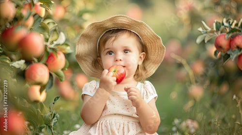 little girl eating apples in the garden. © Anna
