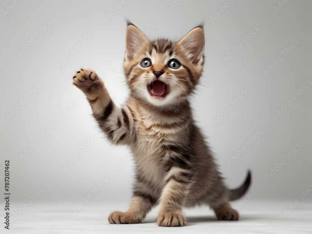 Amazing Illustration of playful funny kitten looking up. and dancing in happy moodisolated on white background - obrazy, fototapety, plakaty 