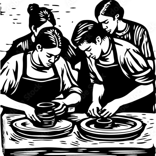 A group engaged in pottery making, with an experienced artisan instructing and interacting with eager learners around the potter's wheel.