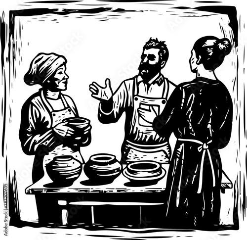A group engaged in pottery making, with an experienced artisan instructing and interacting with eager learners around the potter's wheel.