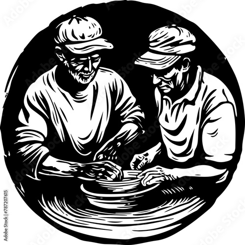 A monochrome illustration capturing a tender moment between a master potter and an apprentice as they shape a bowl on a potter’s wheel.