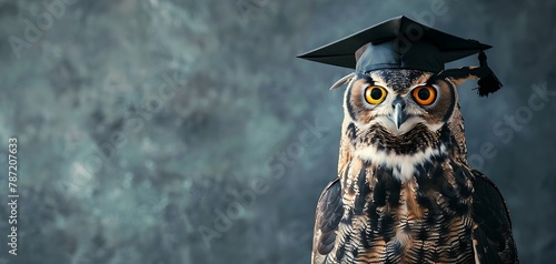 the graduate owl, wearing a graduation gown, copy space, soft and bright backdrop photo