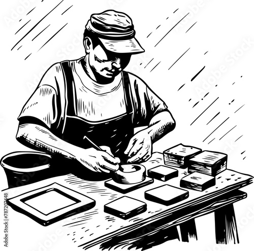 An artisan engrossed in crafting a pottery vase, hands caressing the clay into shape, reflecting the deep concentration and passion for the craft.