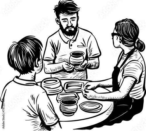 A group engaged in pottery making, with an experienced artisan instructing and interacting with eager learners around the potter's wheel.