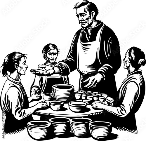 A group engaged in pottery making, with an experienced artisan instructing and interacting with eager learners around the potter's wheel.
