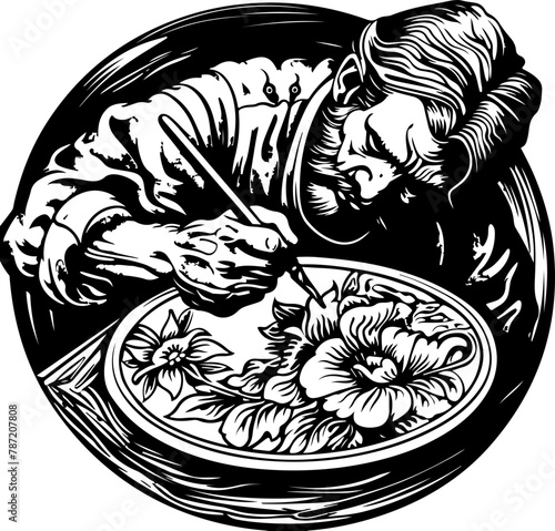 An intense focus from an artisan as he carves elegant floral designs into a ceramic plate, a celebration of manual artistry and tradition.
