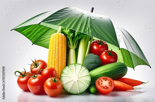 Illustration of happy vegetables under an umbrella.